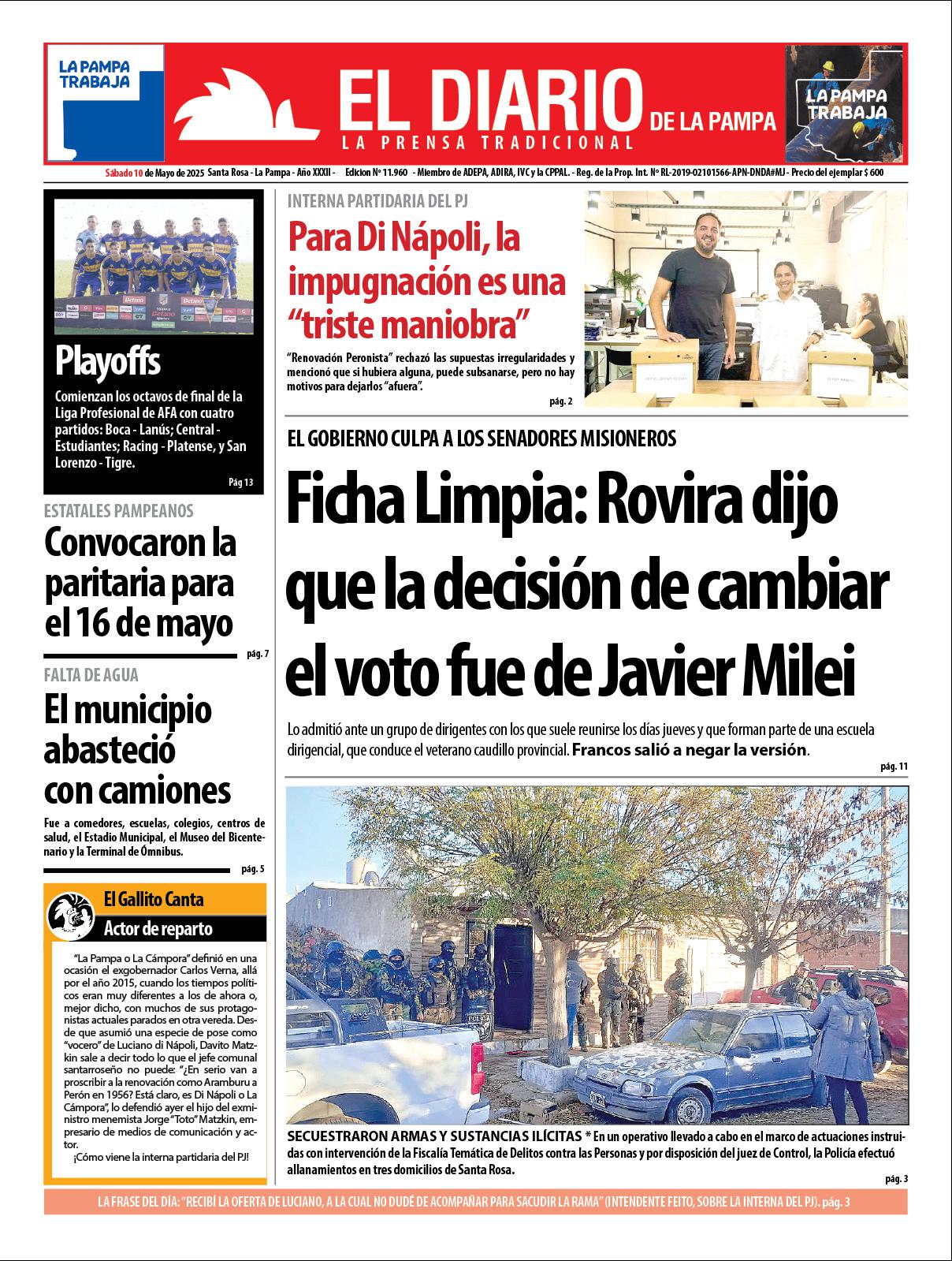 Tapa de El Diario en papel  saacutebado 10 de mayo de 2025
